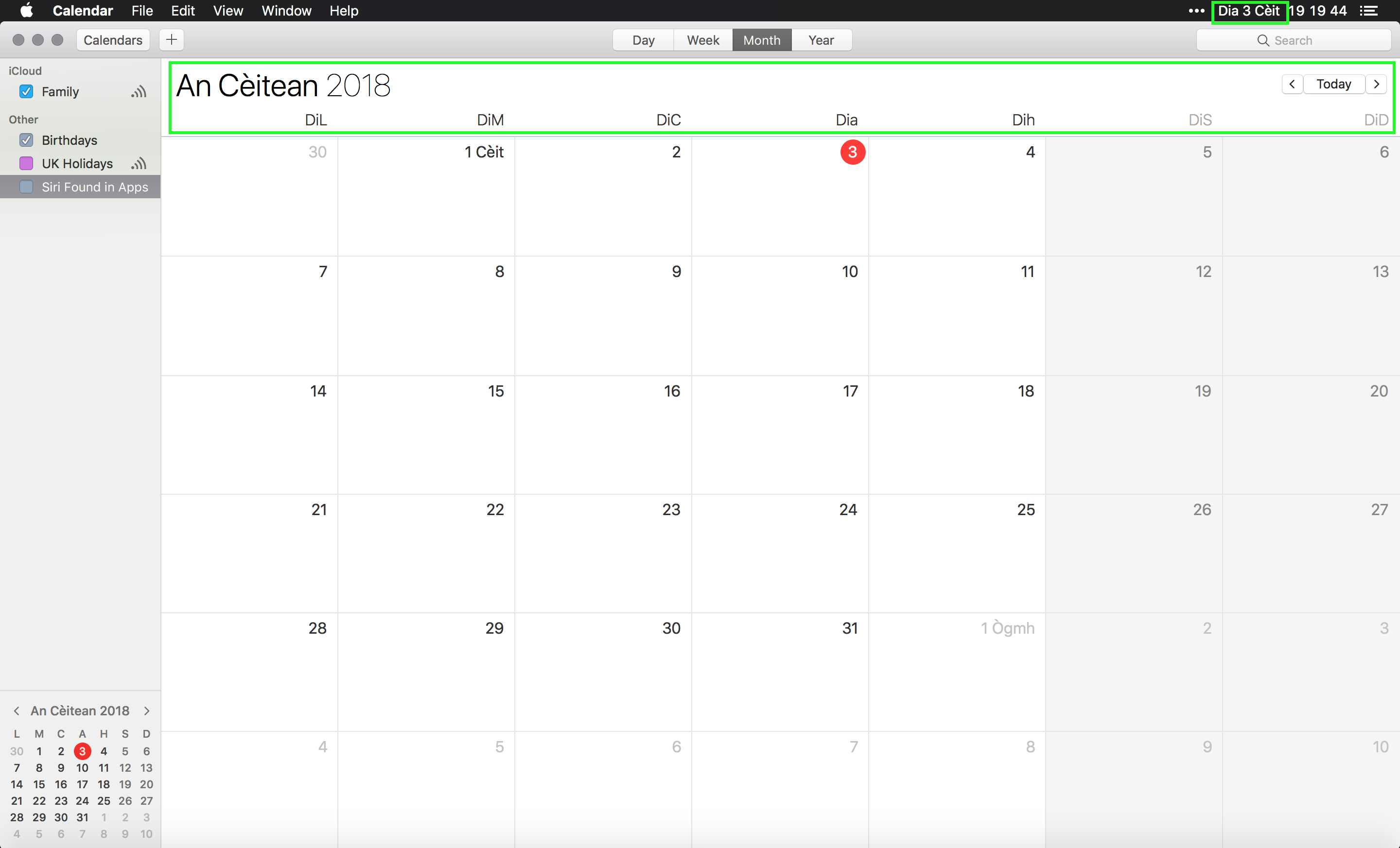 Calendar macOS anns a' Ghàidhlig